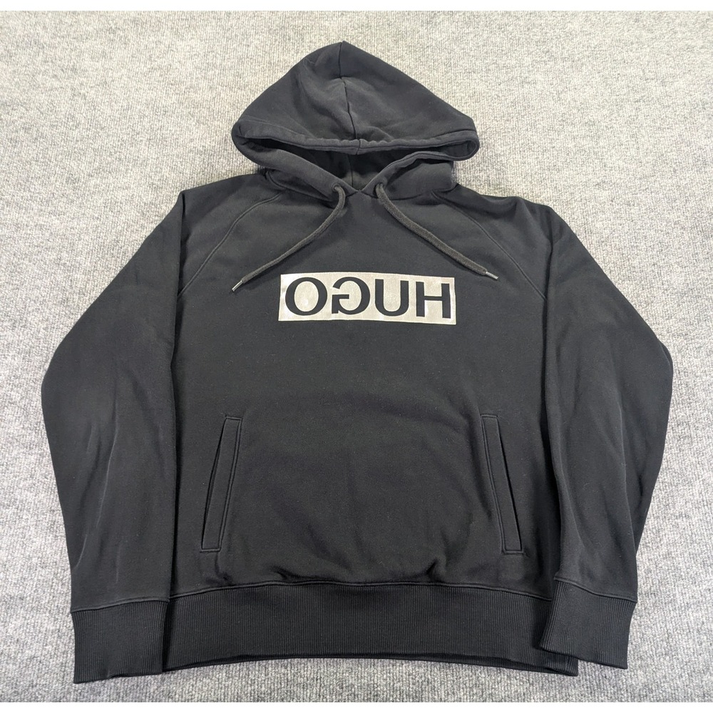 HUGO Hugo Boss Unisex Black Metallic Silver Box Logo Hoodie Sweatshirt Medium